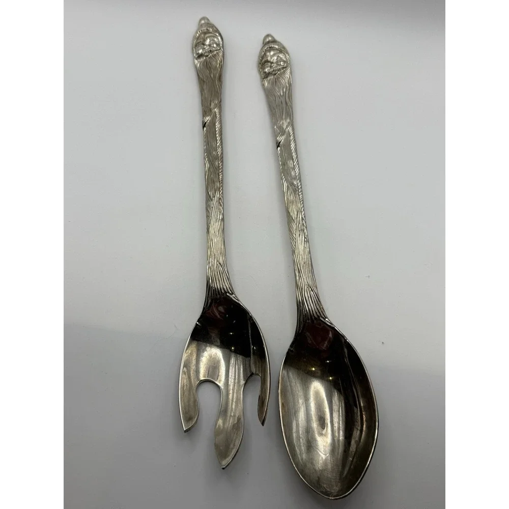 INTERNATIONAL SILVER Plated Christmas Santa Salad Serving Set Fork & Spoon 13